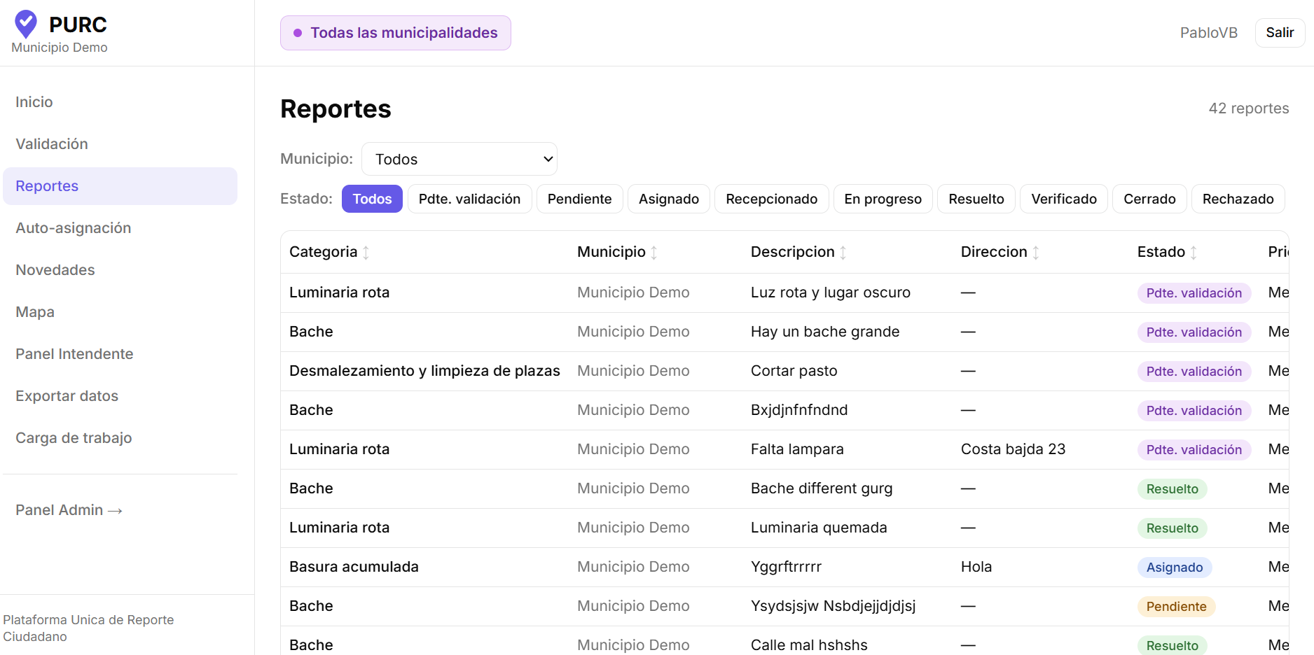 Captura del dashboard web municipal PURC
